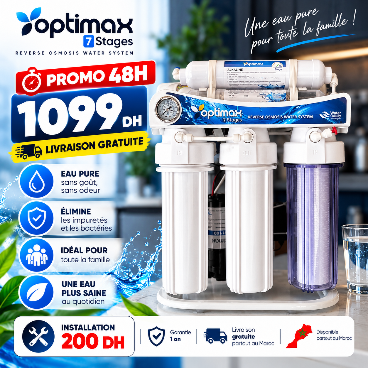 Filtre à eau Optimax 7 étapes à osmose inverse – promotion 1 099 DH au Maroc