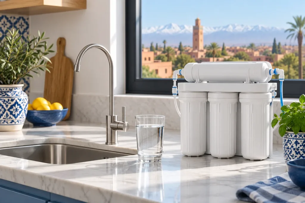 Osmoseur domestique blanc avec robinet inox et verre d’eau dans une cuisine au Maroc